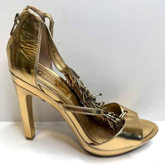 BCBGMaxAzria Gold Fringe T-Strap Platform Stiletto Heels Size 8.5 Beads - Picture 7 of 9